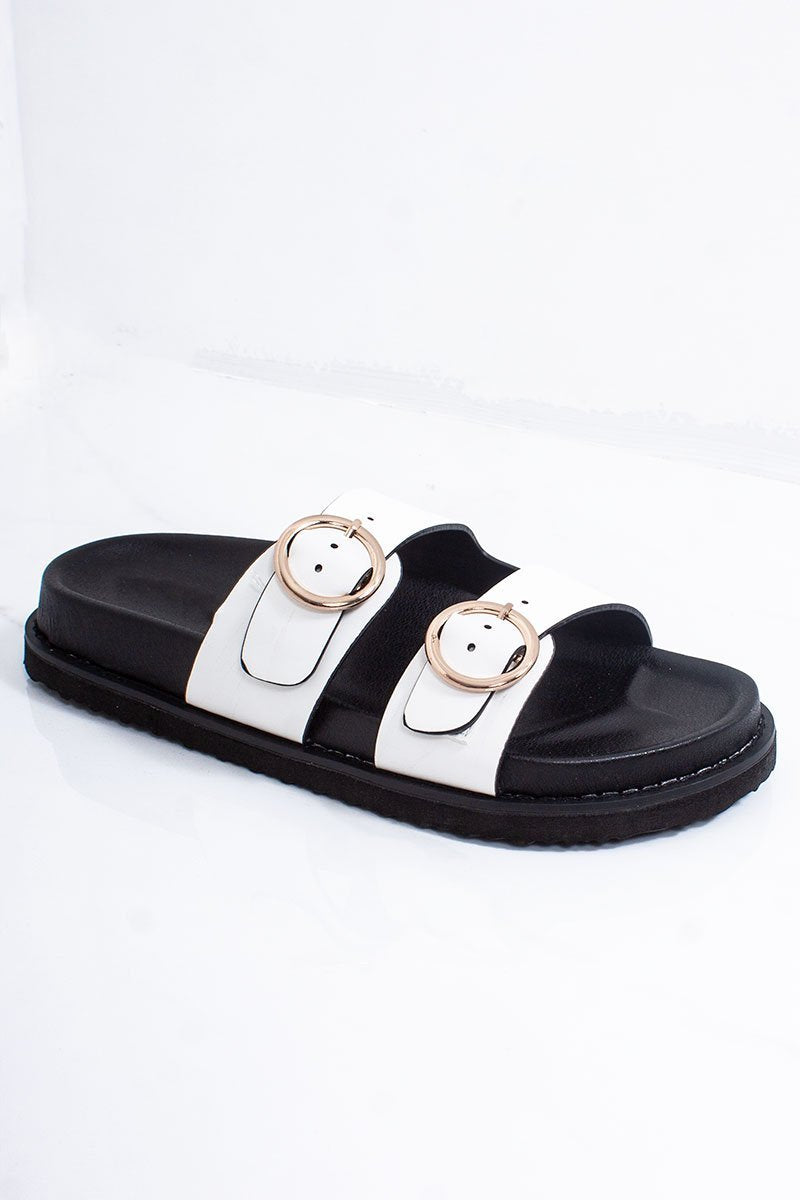 Selene White Double Buckle Strap Chunky Sole Sandals