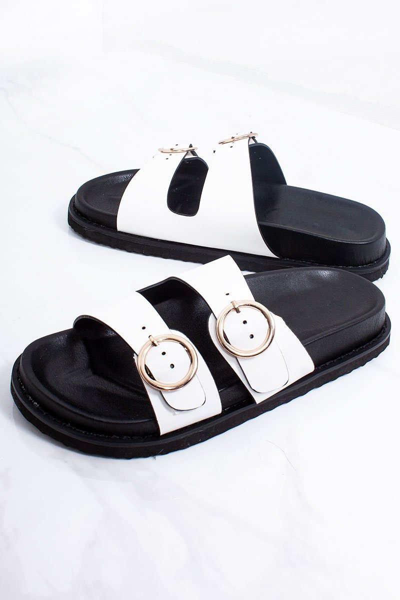 Selene White Double Buckle Strap Chunky Sole Sandals