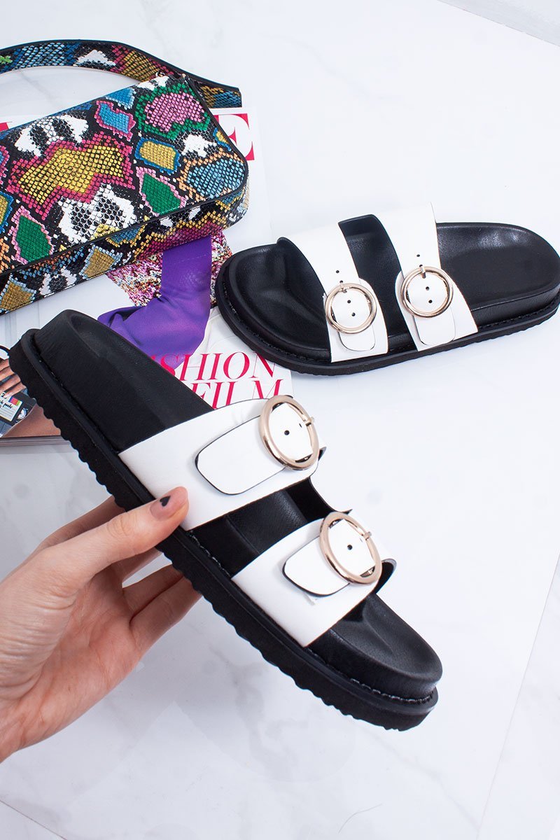 Selene White Double Buckle Strap Chunky Sole Sandals