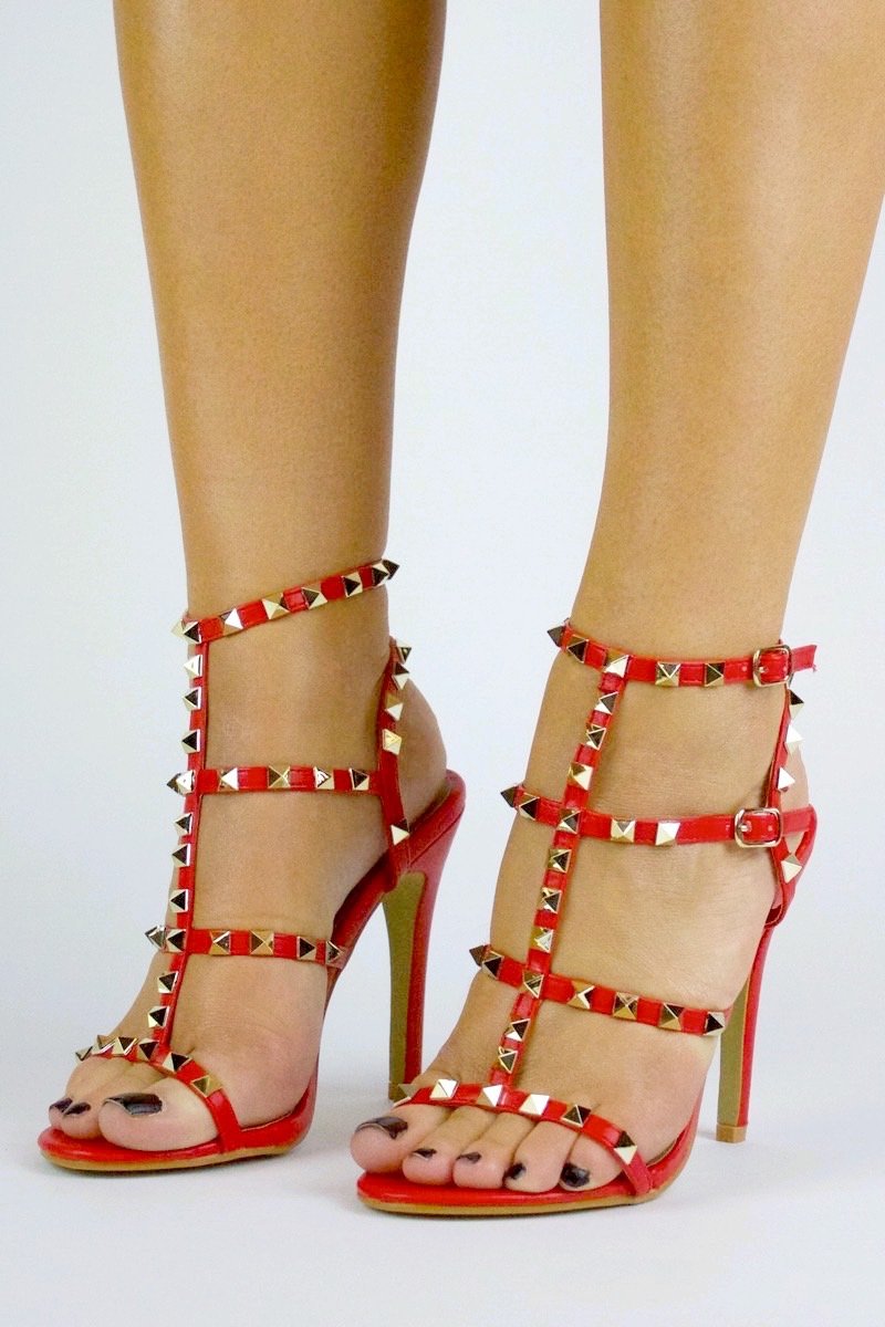 Selina Red Stud Strappy Heels