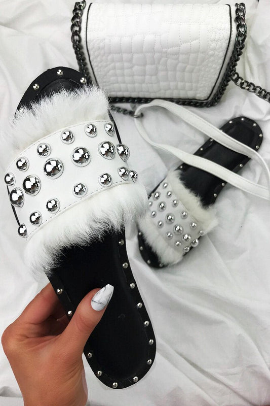 Shakira White Fluffy Slider With Silver Studs
