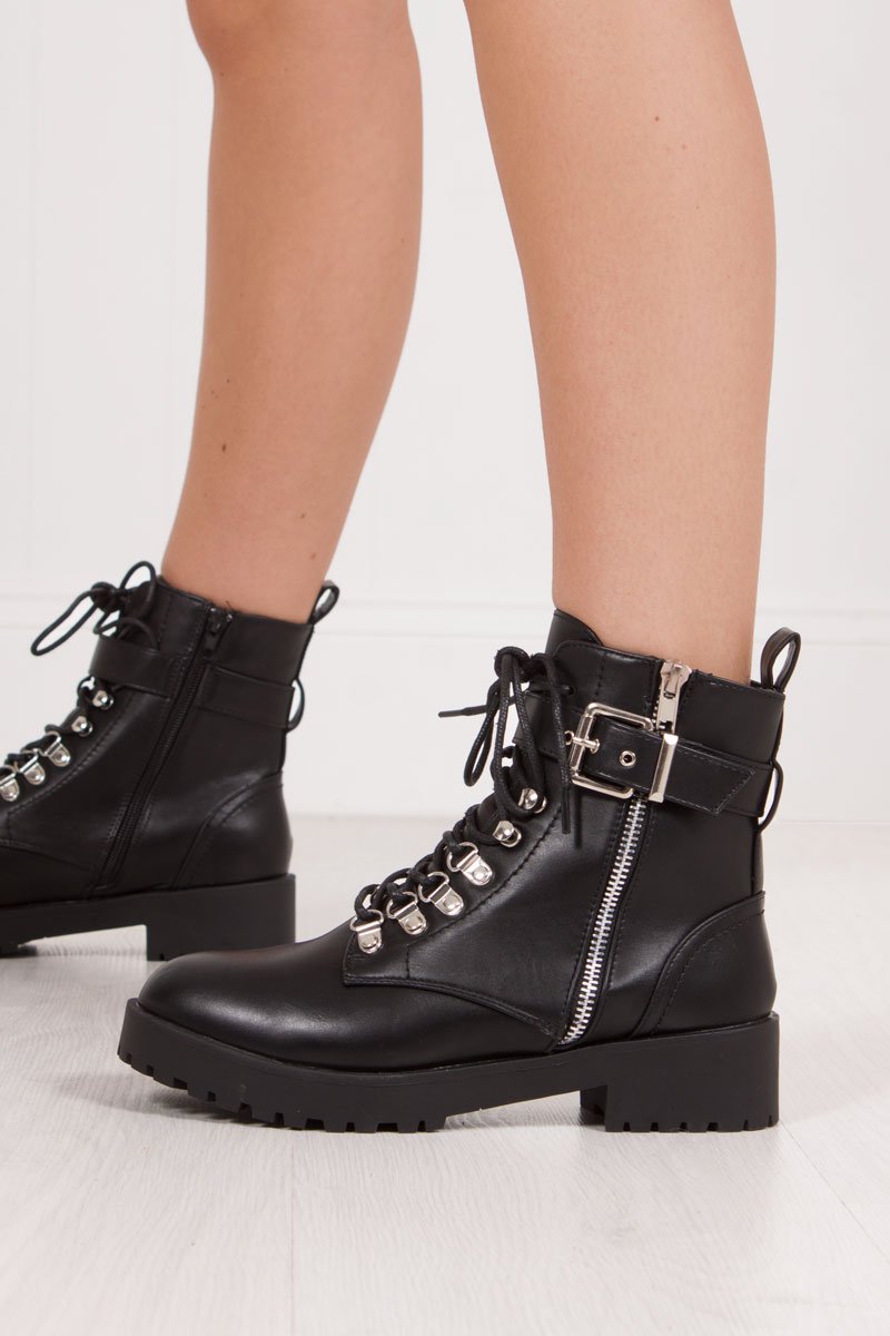 Sharnie Black Faux Leather Buckle Strap Biker Boots