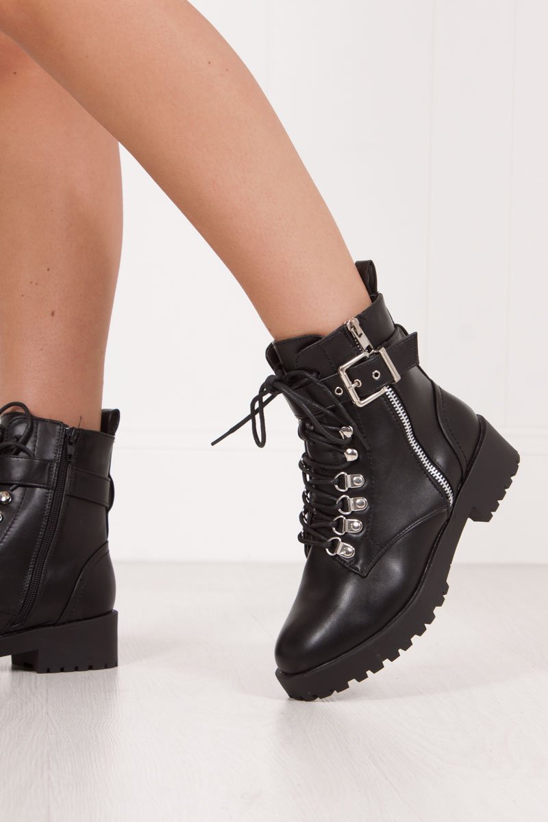 Sharnie Black Faux Leather Buckle Strap Biker Boots