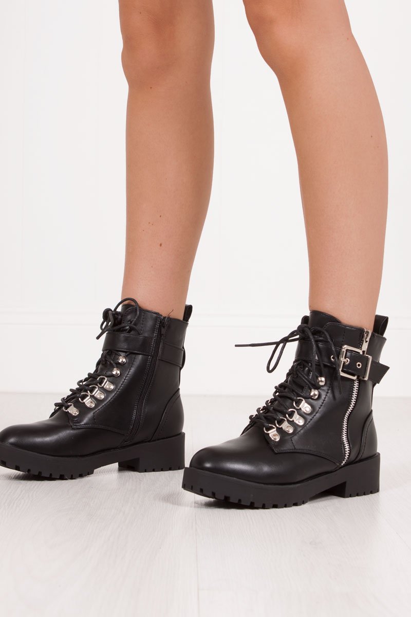 Sharnie Black Faux Leather Buckle Strap Biker Boots