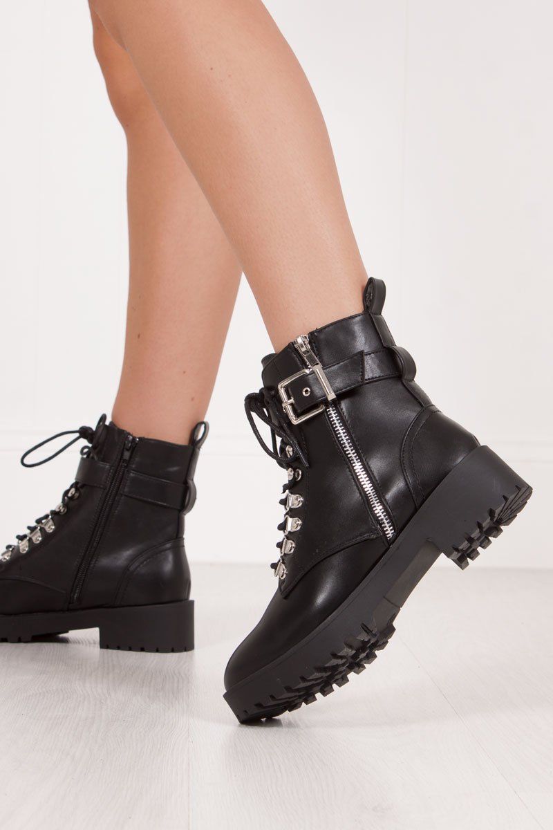 Sharnie Black Faux Leather Buckle Strap Biker Boots