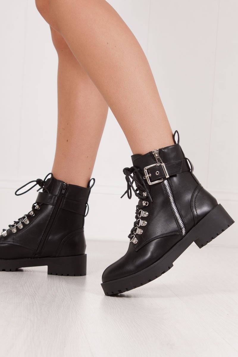 Sharnie Black Faux Leather Buckle Strap Biker Boots