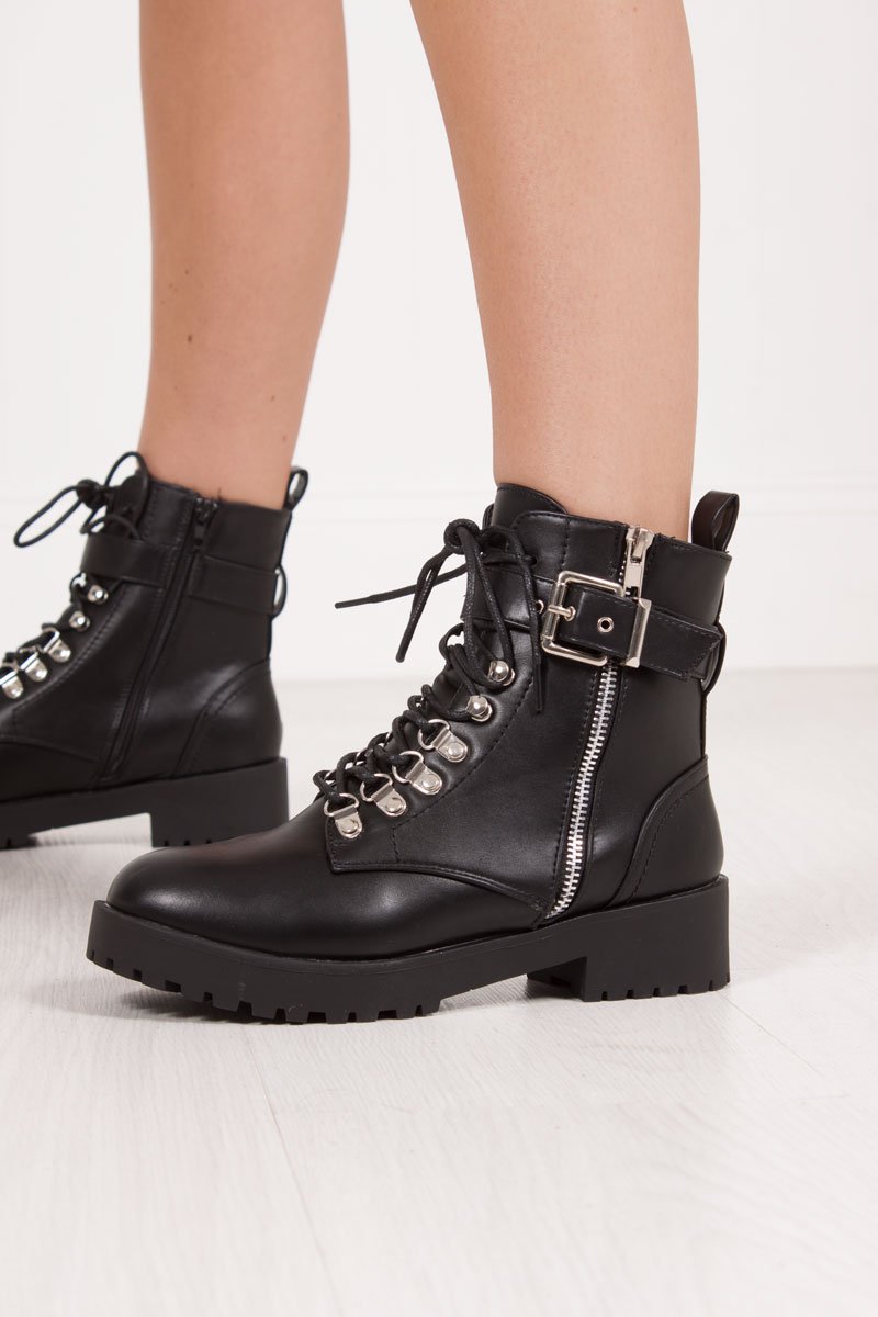 Sharnie Black Faux Leather Buckle Strap Biker Boots