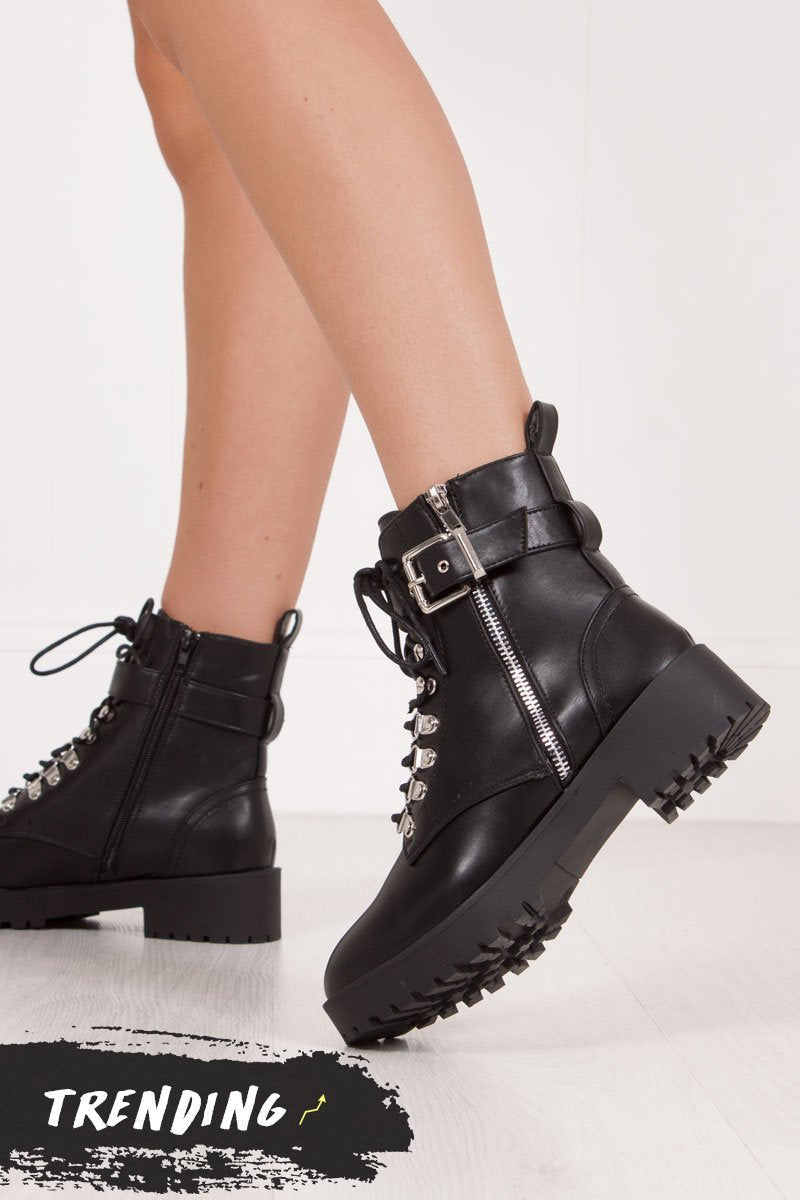 Sharnie Black Faux Leather Buckle Strap Biker Boots