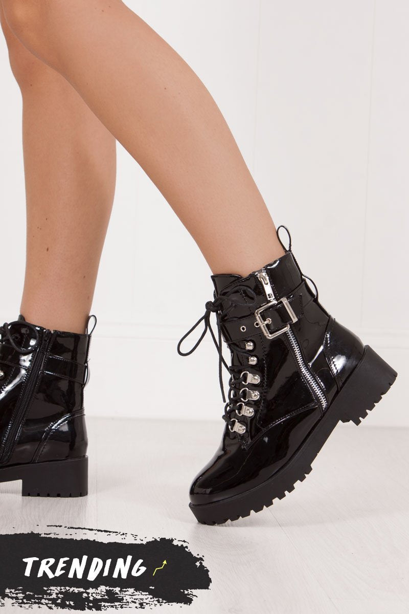 Sharnie Black High Shine Buckle Strap Biker Boots