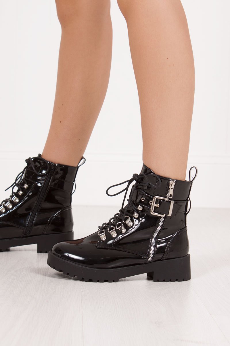 Sharnie Black High Shine Buckle Strap Biker Boots