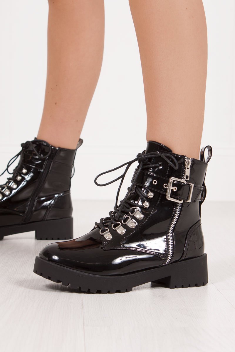 Sharnie Black High Shine Buckle Strap Biker Boots