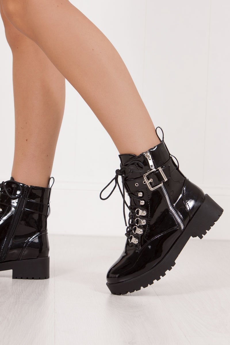 Sharnie Black High Shine Buckle Strap Biker Boots