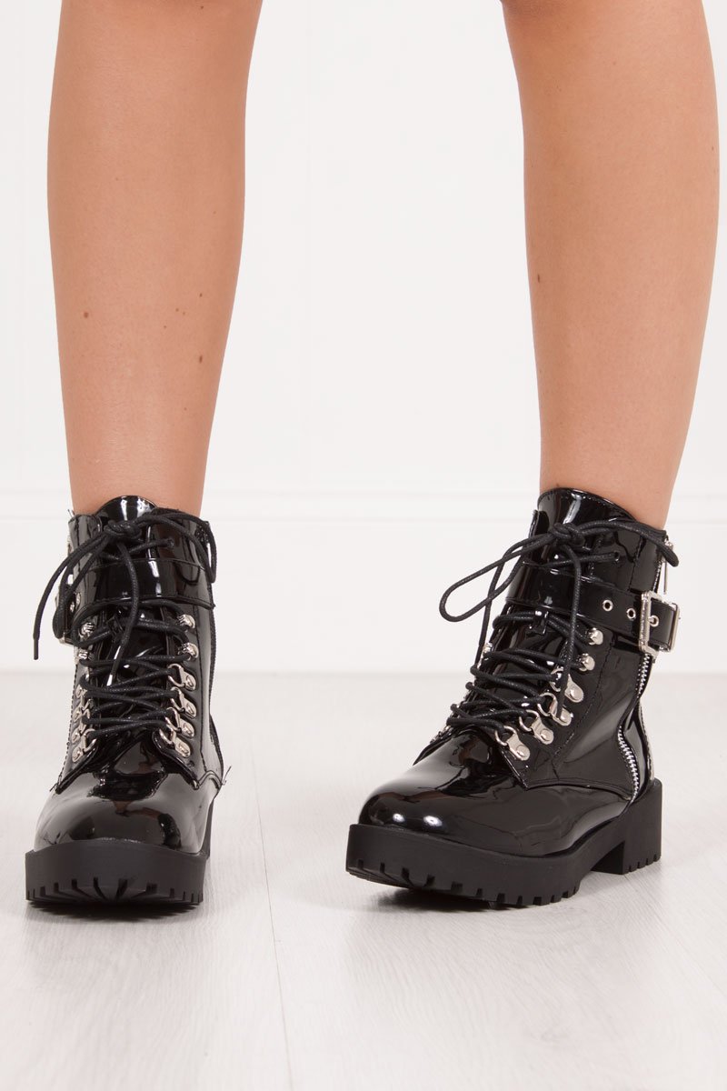 Sharnie Black High Shine Buckle Strap Biker Boots