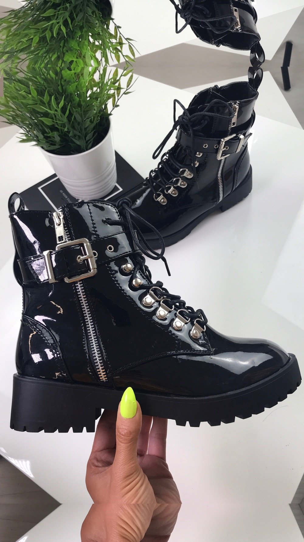 Sharnie Black High Shine Buckle Strap Biker Boots