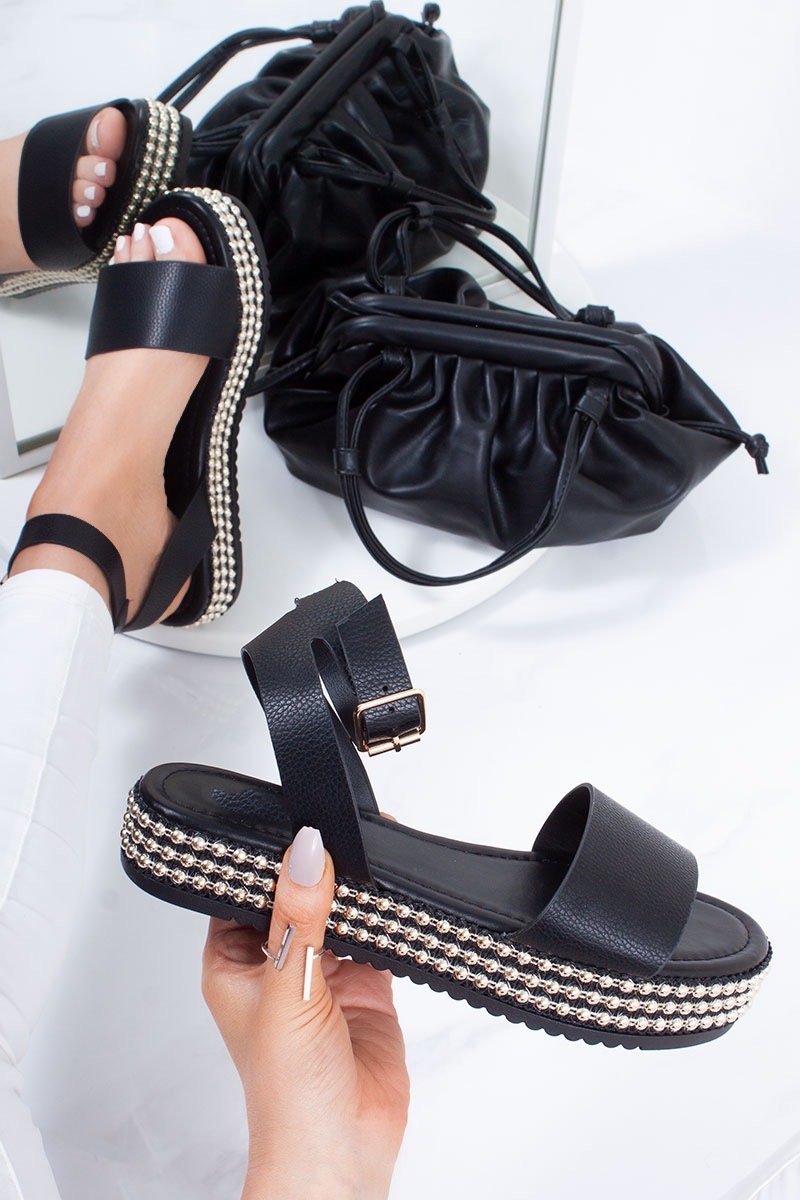 Shauna Black Faux Leather Stud Sole Detail Flatform Sandals