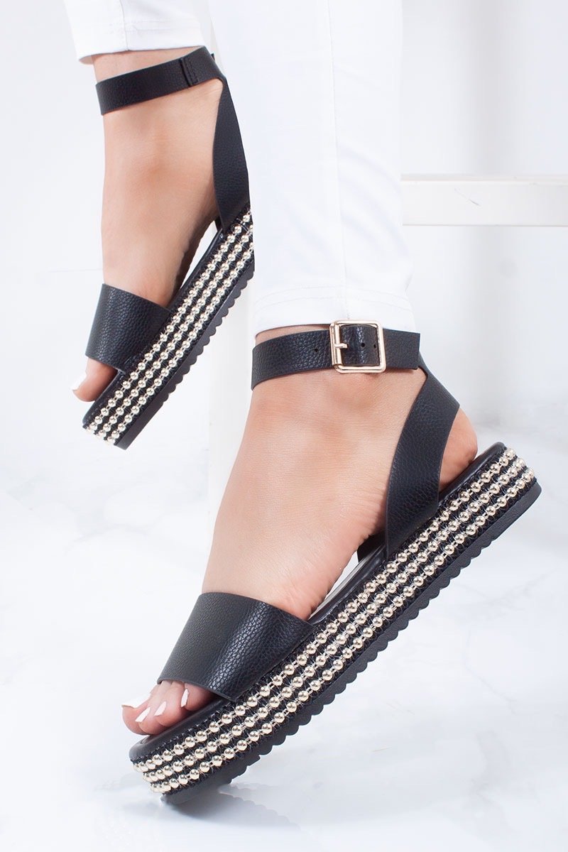 Shauna Black Faux Leather Stud Sole Detail Flatform Sandals