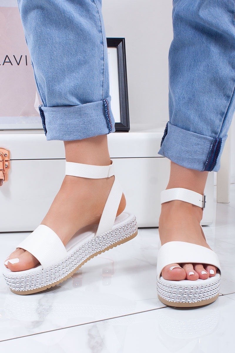 Shauna White Faux Leather Stud Sole Detail Flatform Sandals