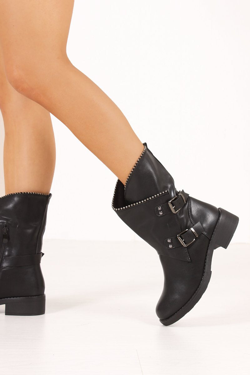 Shelby Black Stud Trim Buckle Boots