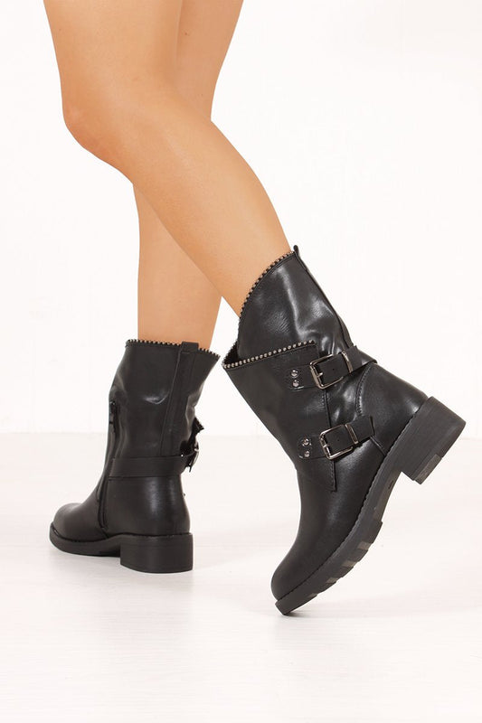 Shelby Black Stud Trim Buckle Boots