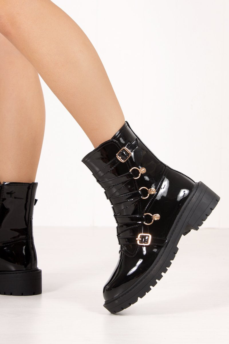 Sherrie Black Faux Patent Leather Buckle Strap Ankle Boots