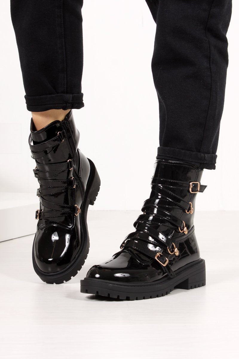 Sherrie Black Faux Patent Leather Buckle Strap Ankle Boots