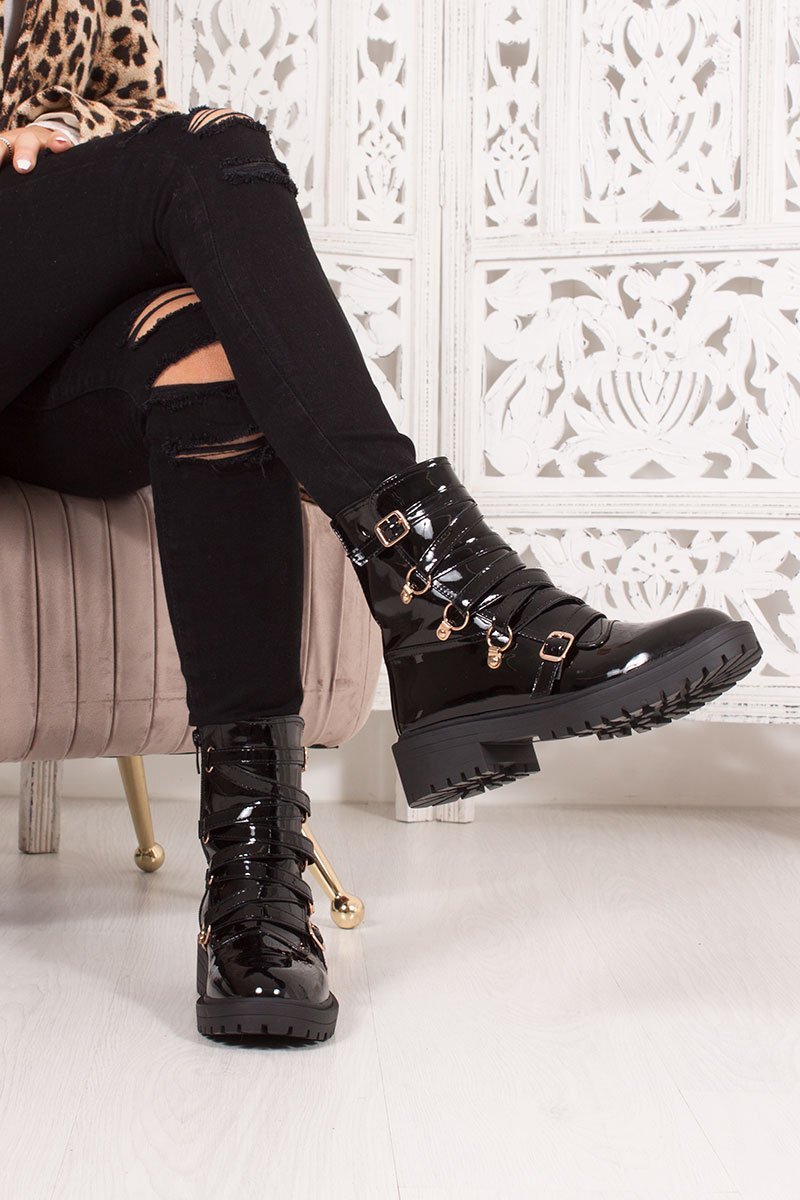 Sherrie Black Faux Patent Leather Buckle Strap Ankle Boots