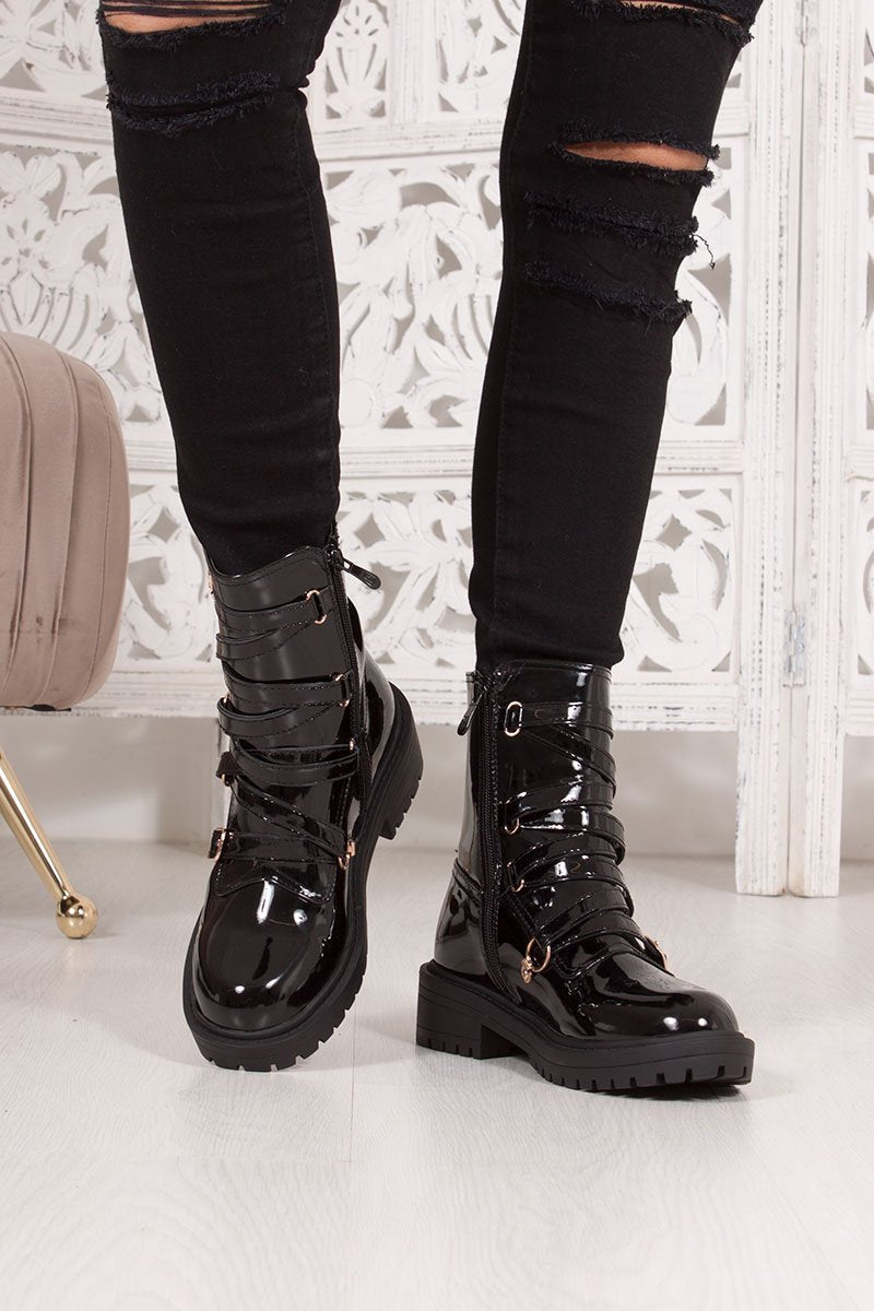 Sherrie Black Faux Patent Leather Buckle Strap Ankle Boots