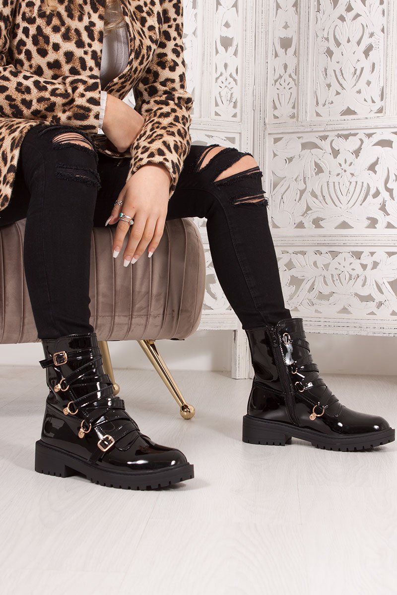 Sherrie Black Faux Patent Leather Buckle Strap Ankle Boots