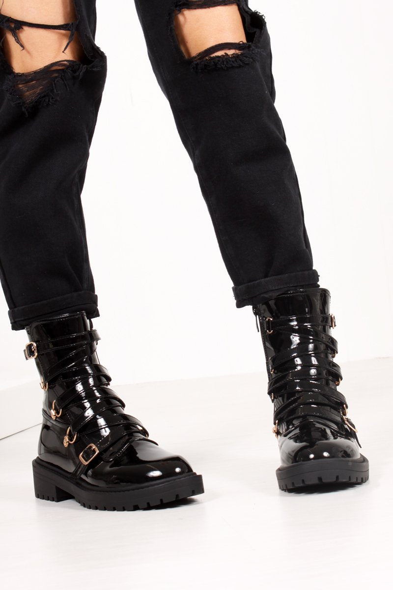 Sherrie Black Faux Patent Leather Buckle Strap Ankle Boots