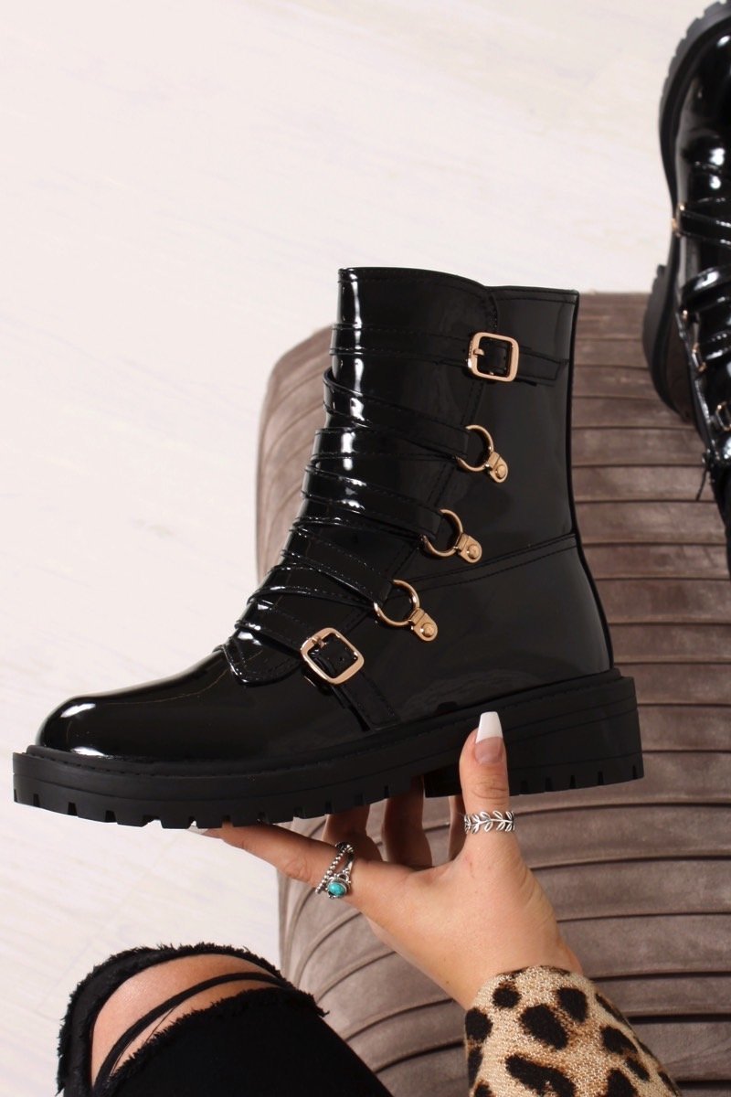 Sherrie Black Faux Patent Leather Buckle Strap Ankle Boots