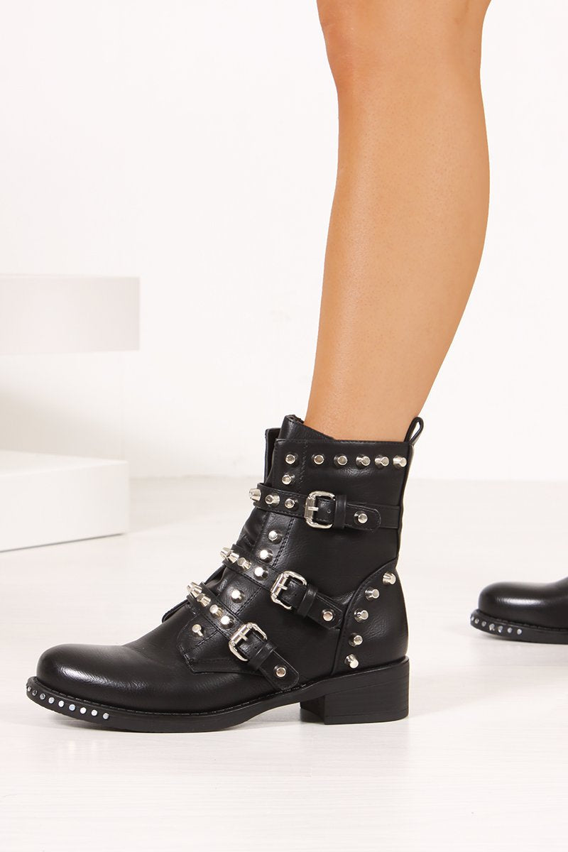 Sienna Black Faux Leather Silver Stud Biker Boots