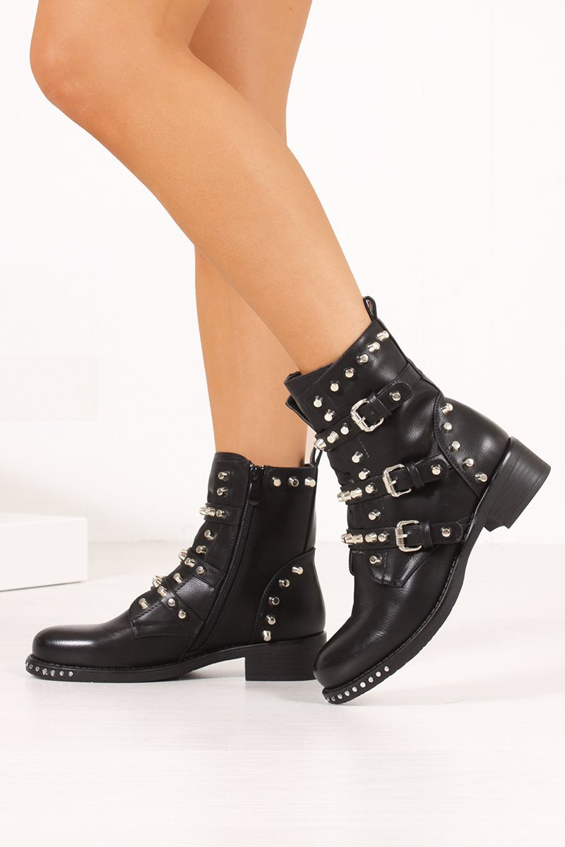 Sienna Black Faux Leather Silver Stud Biker Boots