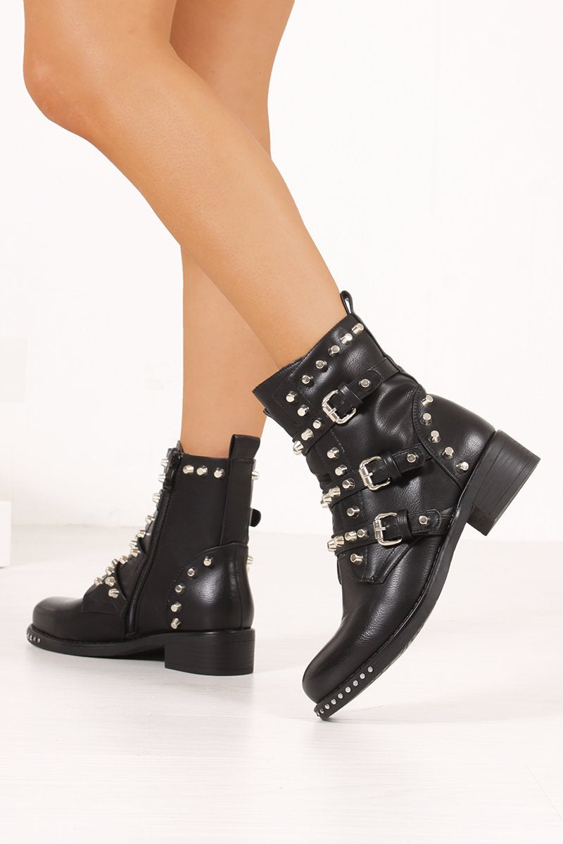 Sienna Black Faux Leather Silver Stud Biker Boots