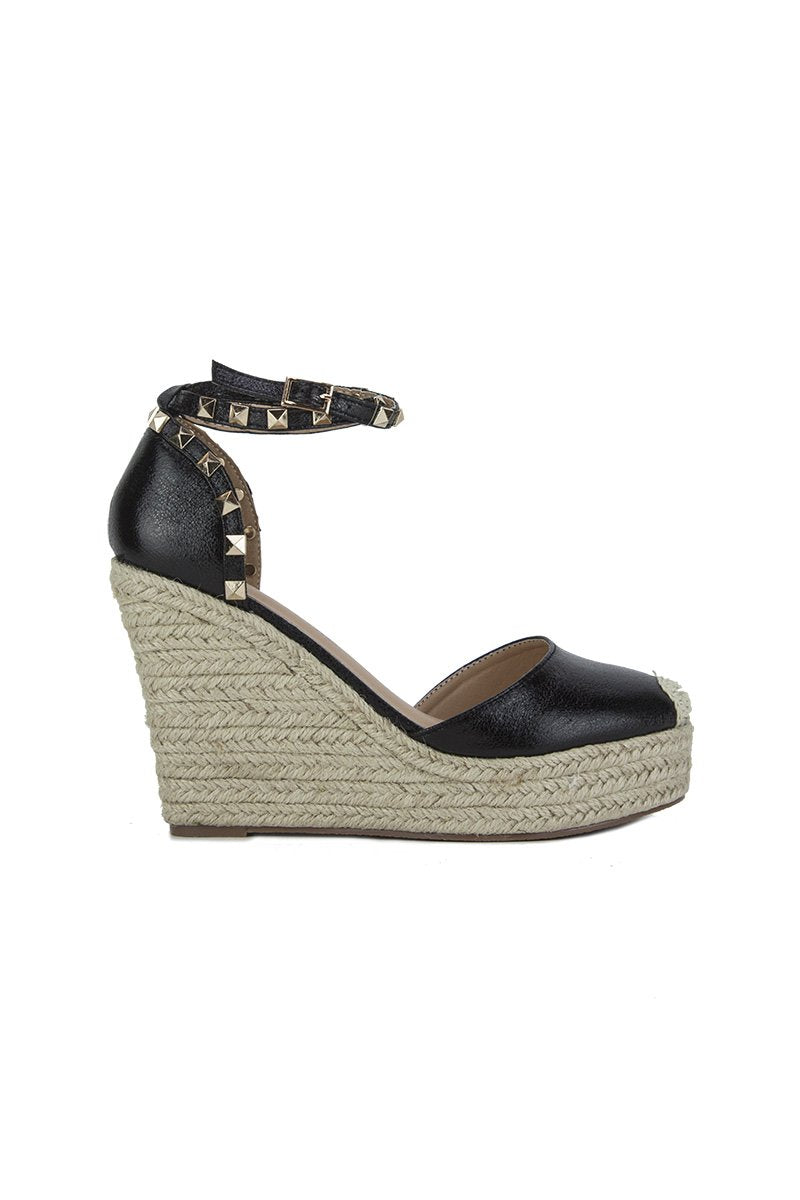 Simone Black Metallic Stud Espadrille Wedges