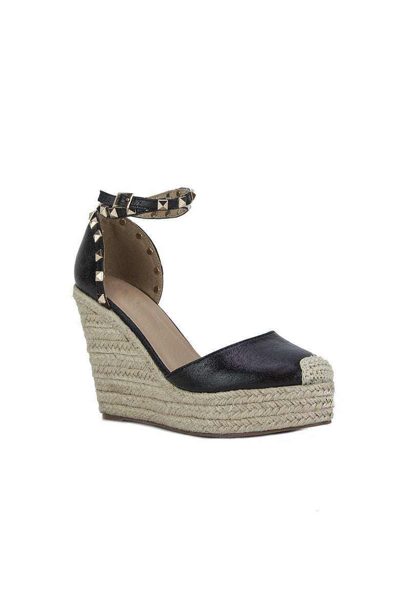 Simone Black Metallic Stud Espadrille Wedges