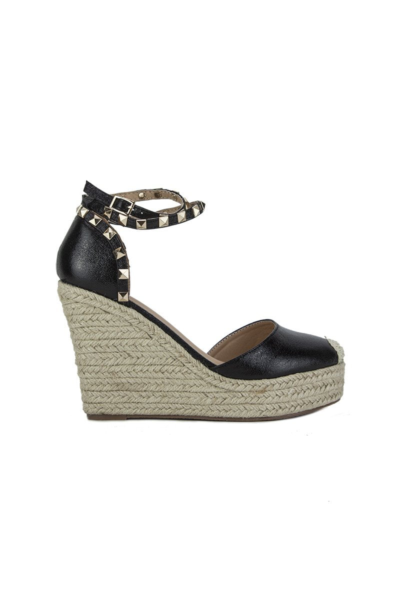 Simone Black Metallic Stud Espadrille Wedges