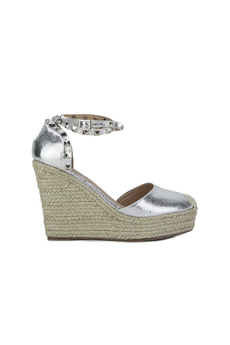 Simone Silver Metallic Stud Espadrille Wedges