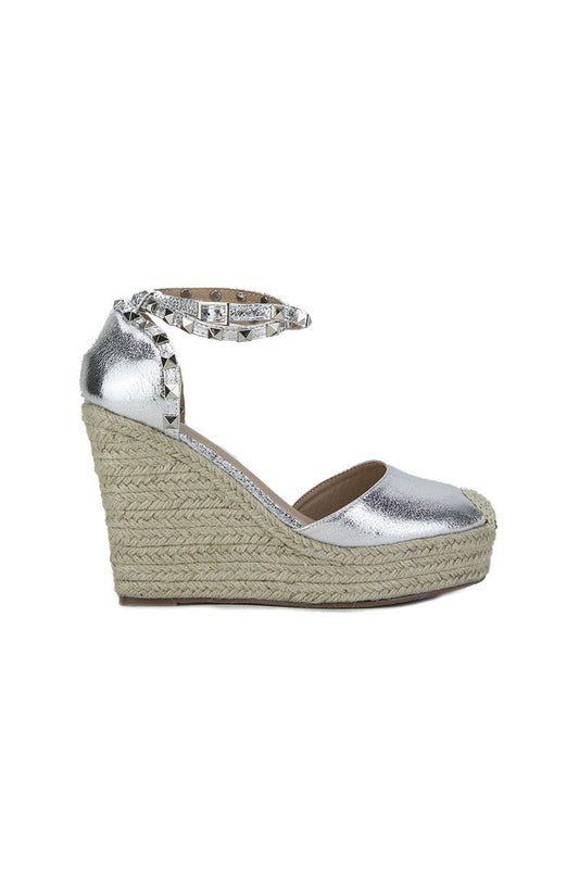 Simone Silver Metallic Stud Espadrille Wedges