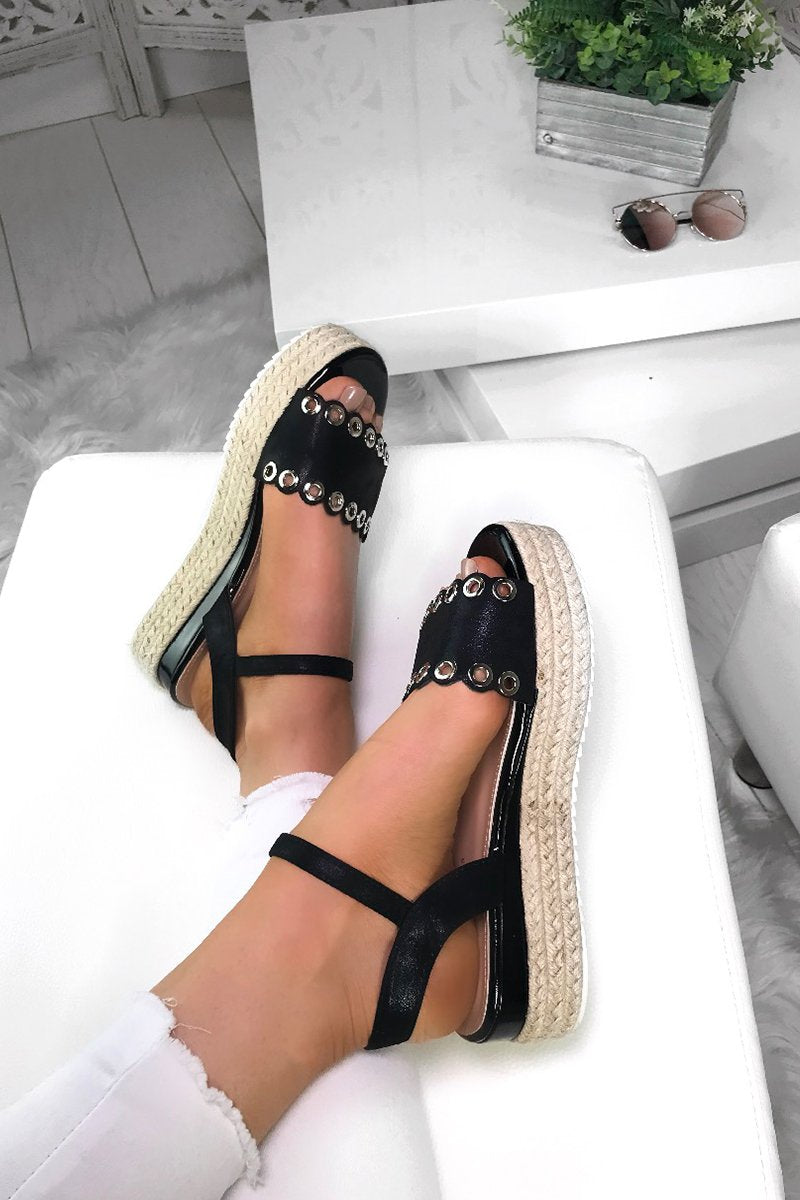 Skye Black Eyelet Detail Espadrille Sandals