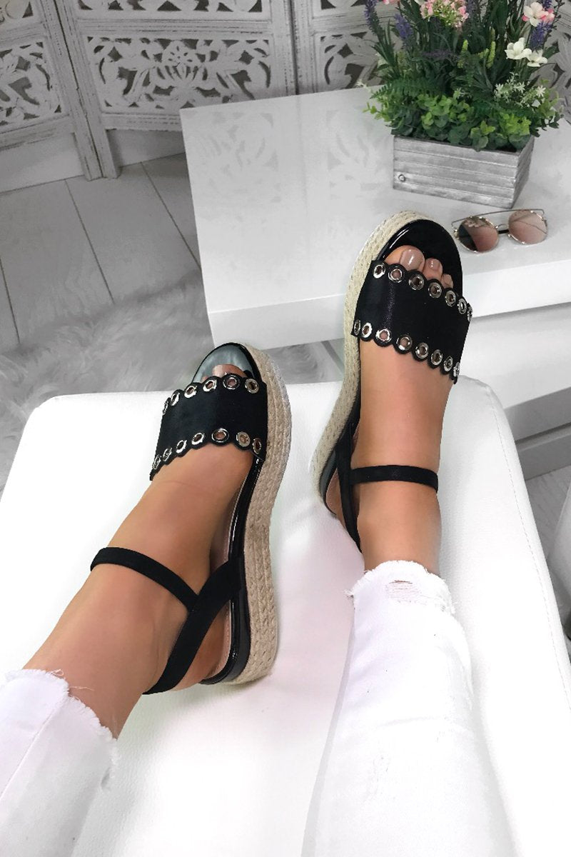 Skye Black Eyelet Detail Espadrille Sandals