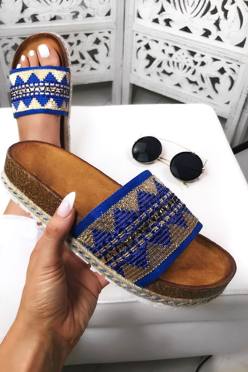 Sophia Blue Aztec Strap Sliders