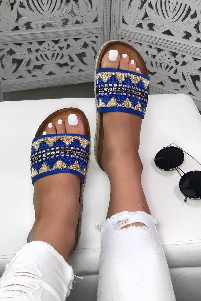 Sophia Blue Aztec Strap Sliders