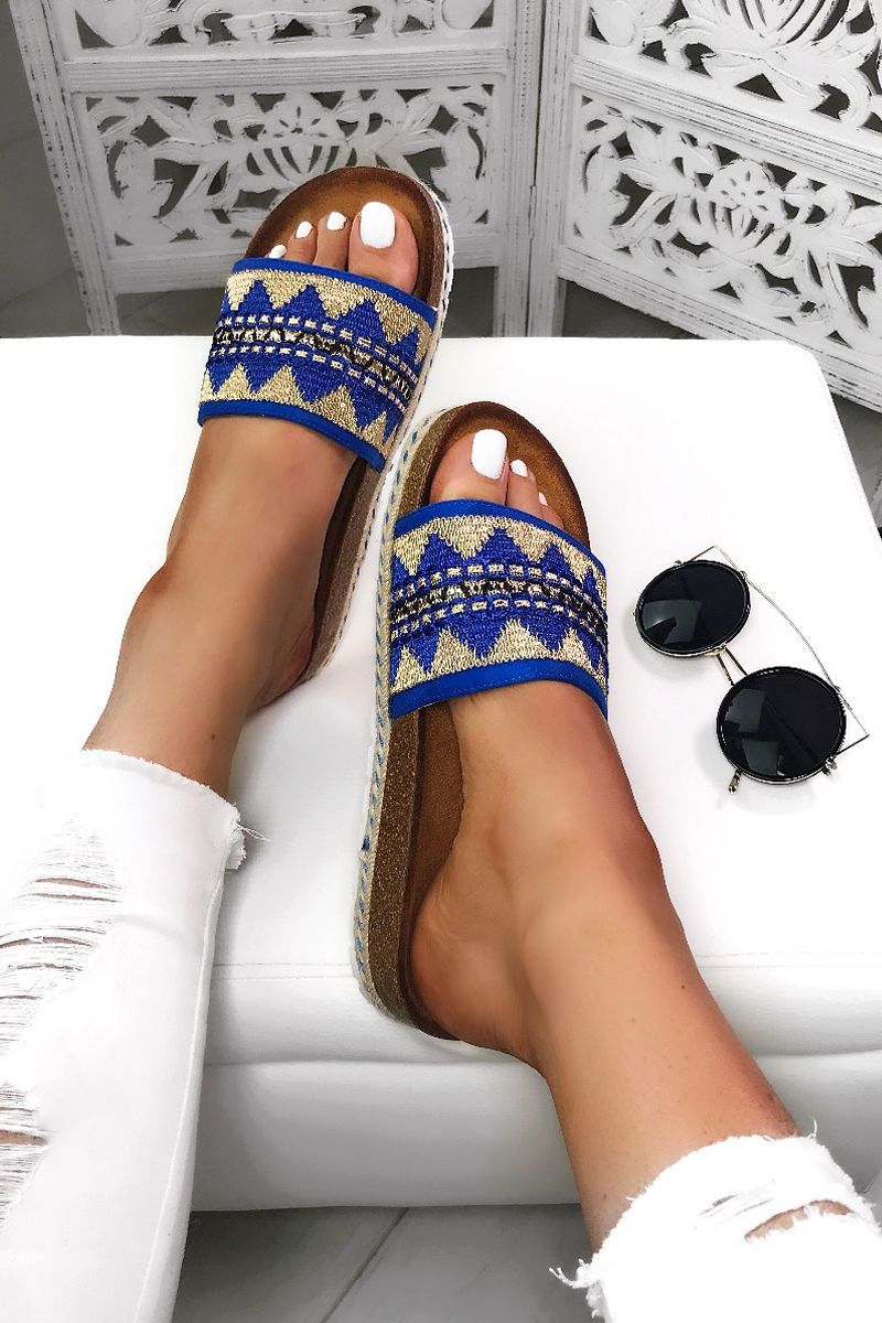 Sophia Blue Aztec Strap Sliders