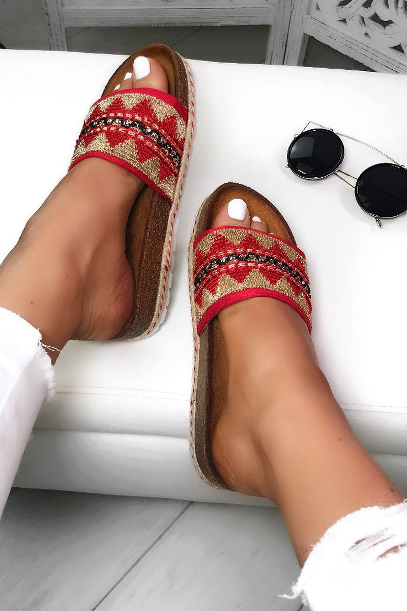 Sophia Red Aztec Strap Sliders