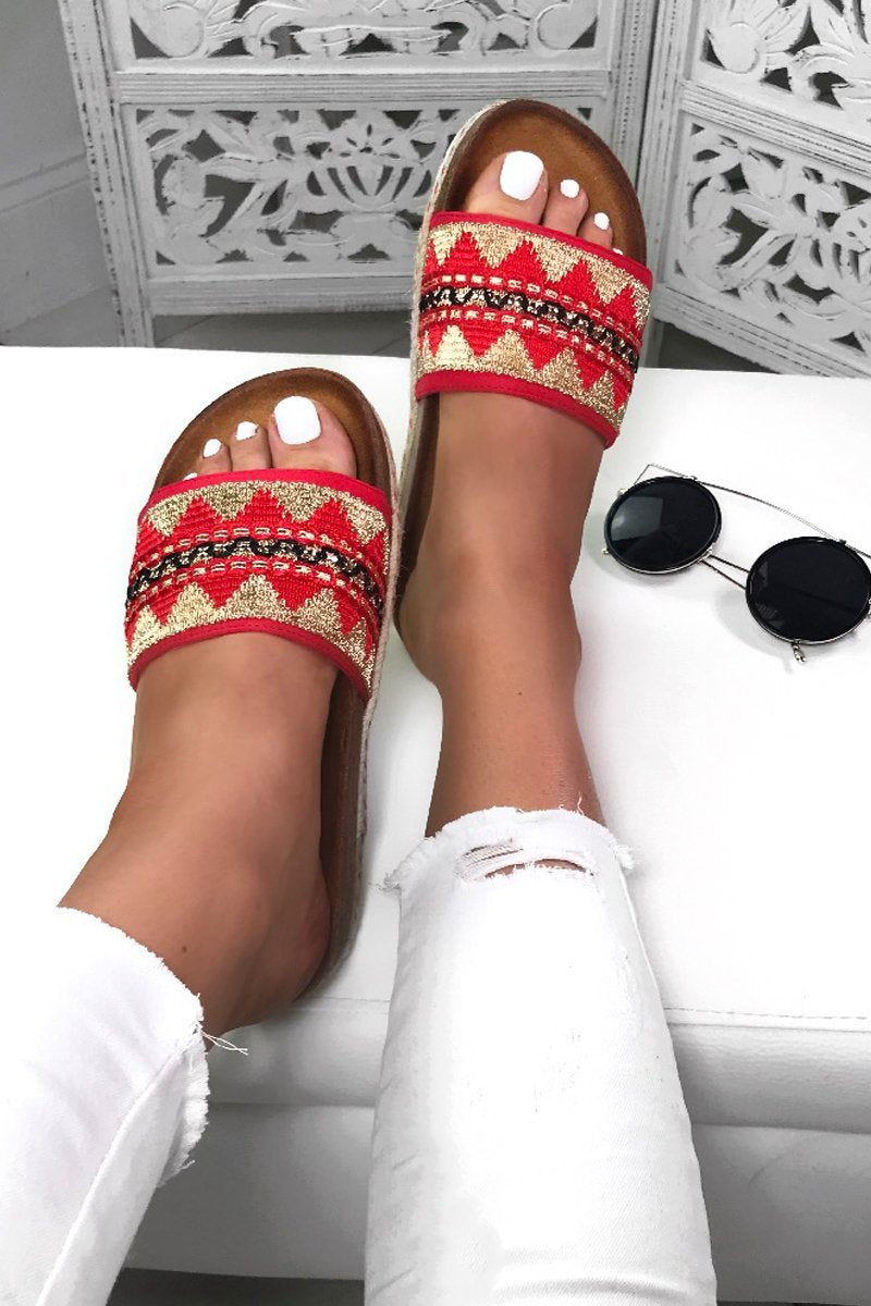 Sophia Red Aztec Strap Sliders