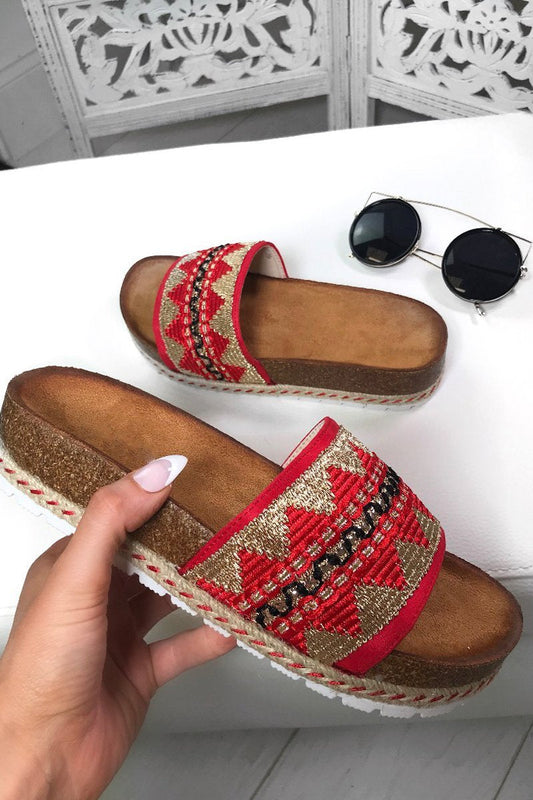 Sophia Red Aztec Strap Sliders