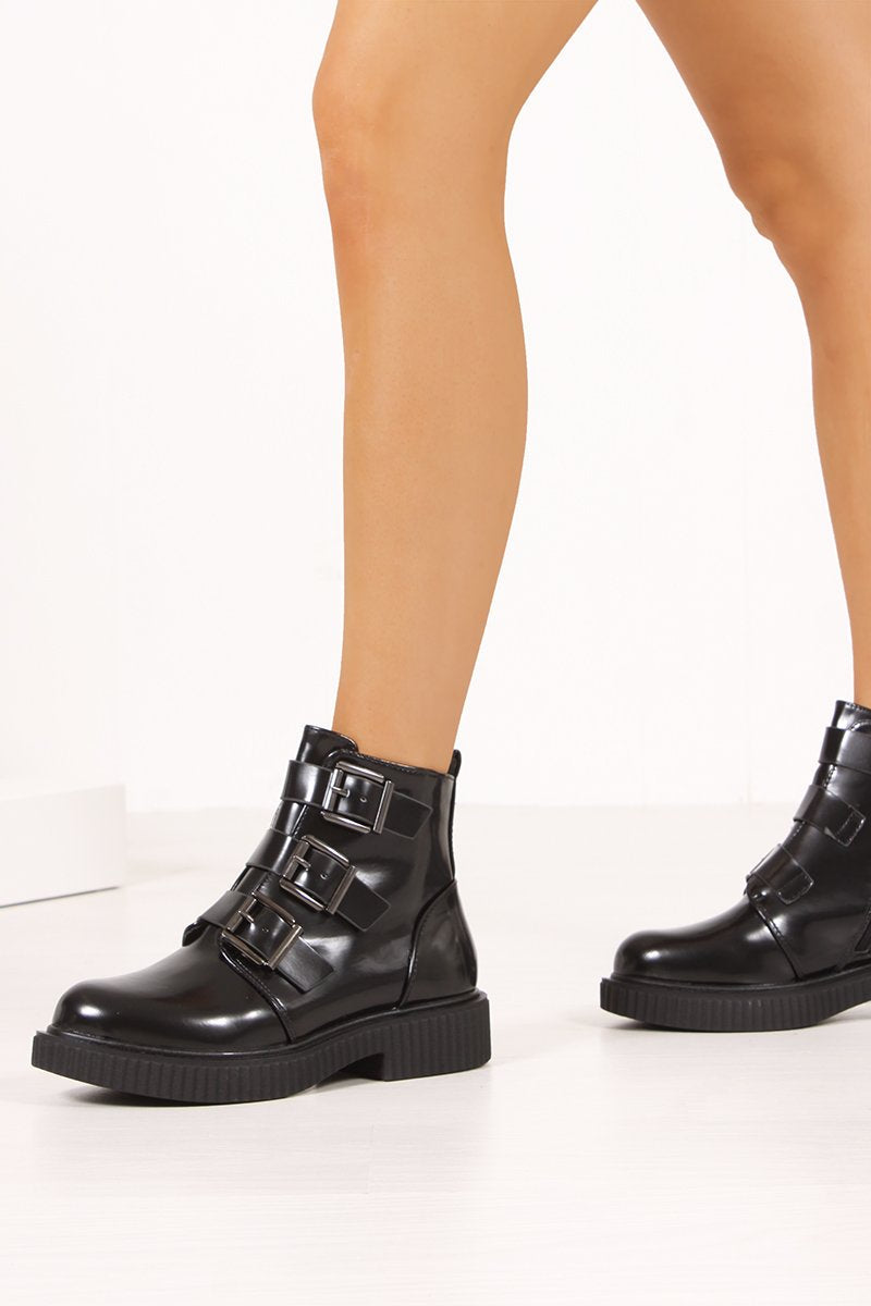 Stella Black Matte Buckle Strap Ankle Boots