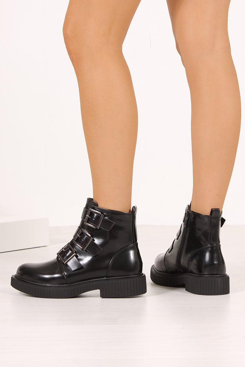 Stella Black Matte Buckle Strap Ankle Boots