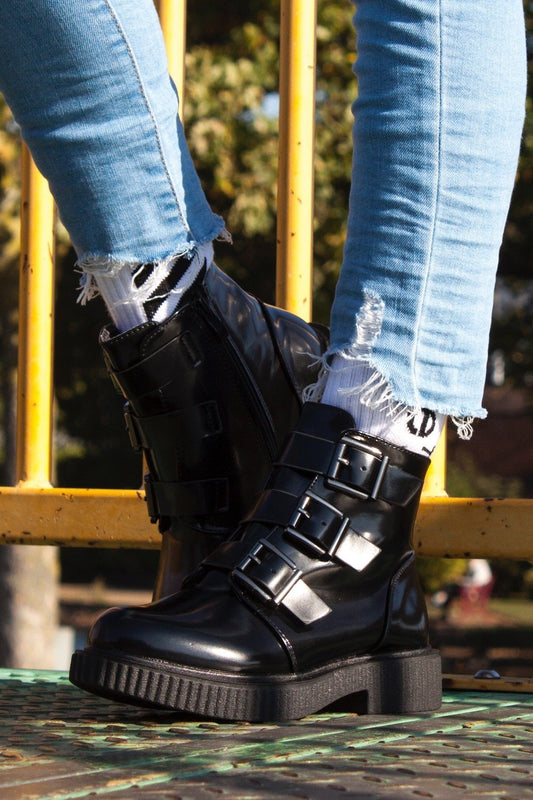 Stella Black Matte Buckle Strap Ankle Boots