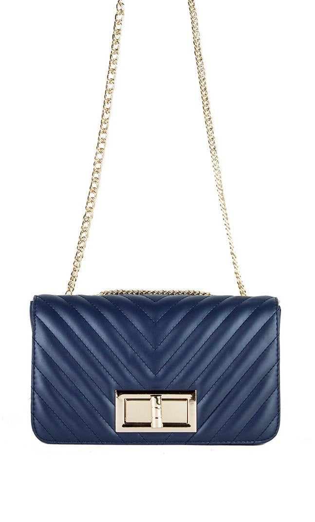 Stephanie Navy Quilted Chain Shoulder Bag With Gold Detail